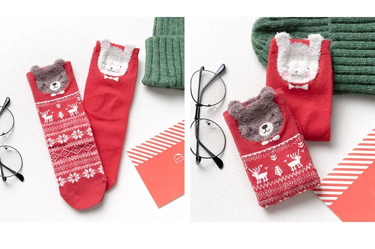 Caramella/, 2 пары/карты, хлопковые, Meias, Санта Клаус, рождественское лось, теплые, милые, 3d рисунки животных, Мультяшные носки для женщин