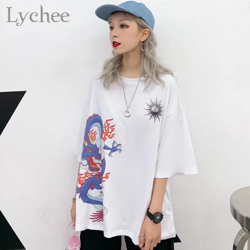 Lychee китайский дракон Солнце печати хлопок Женская футболка вырез лодочкой короткий рукав свободный лето весна женские футболки топ тройники