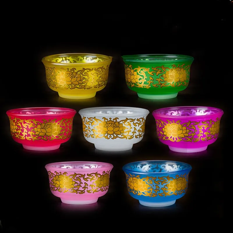 

7 Colors Buddhist Supplies Colorful Bowls Exquisite Gold Lotus Decorate Foil-prettify Holy Symbol Good Luck Tribute Cups
