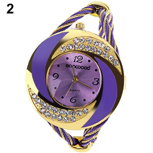 Fashion Women Round Crystal Rhinestone  Decorated Bangle Cuff Analog Quartz Bracelet Watch