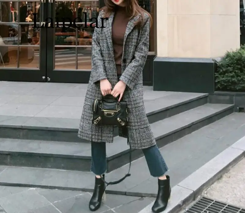 Laipelar 2019 Spring Autumn Women's Wool  Plaid Coat New Fashion Long Woolen Coat Slim Type Female Winter Wool Jackets Female new woolen coat beige long thick female fashion pink belt elegant autumn winter women casual lantern sleeve slim wool jacket