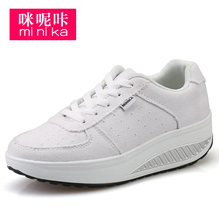 

2017 Fashion Breathable Light Shoes Woman Lace Up Casual Canvas Wedges Shoes Women Platform Swing Shoes White Black