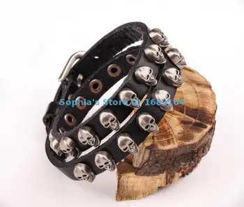 

BL45 Black Metal Skull Studded Surfer Mens Unisex Leather Bracelet Bangle Cuff New