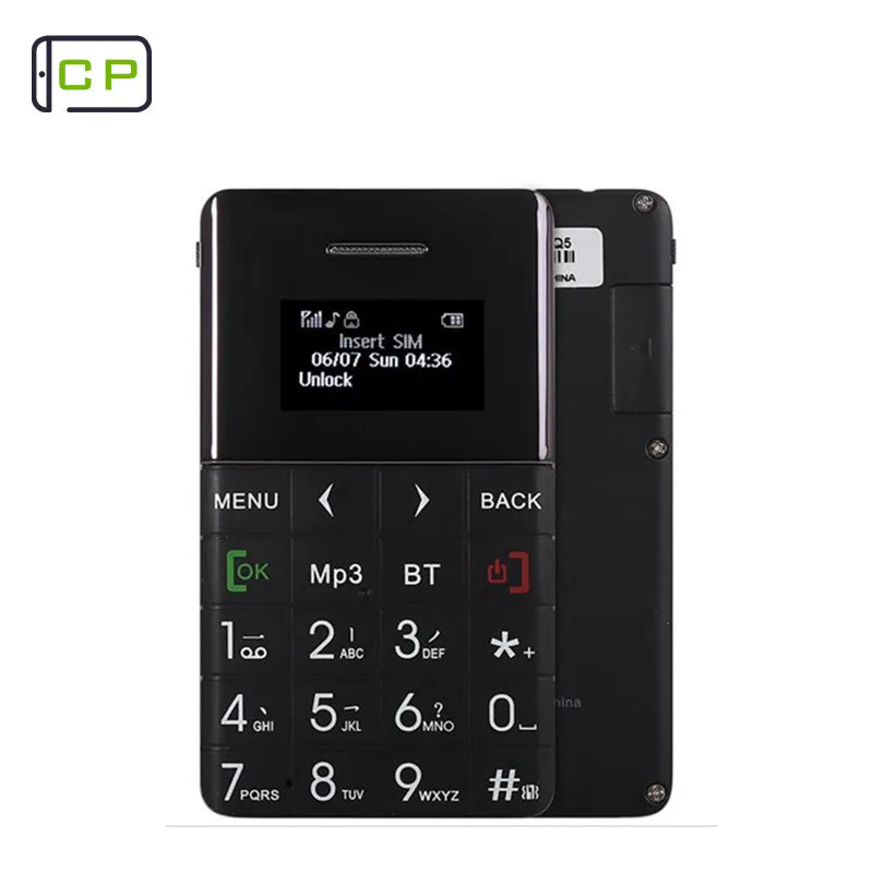 

AEKU Qmart Q5 2G GSM Card Mobile Phone 5.5mm Ultra Thin Pocket Mini Slim Card Phone 0.96 inch Card Cell phone