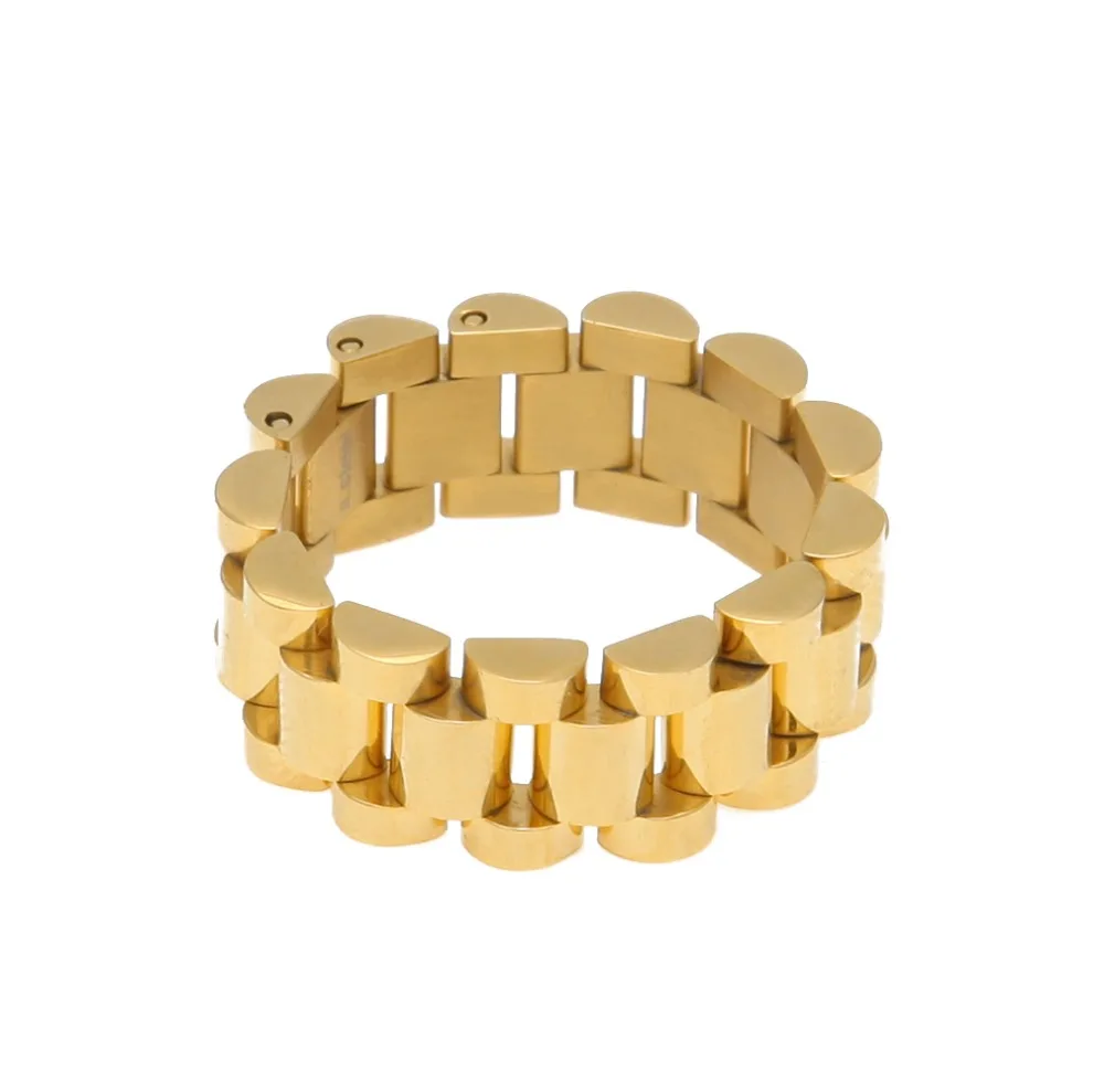 Высокое качество размер 8-12 хип-хоп группа кольцо Мужская нержавеющая сталь золотой цвет ремешок для часов стиль звено кольцо