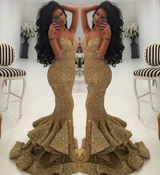 Cheap Price Luxurious Gold Sweetheart Sequined Mermaid Prom Dresses 2017 Spaghetti Straps Draped Ruffles Formal Evening Dress