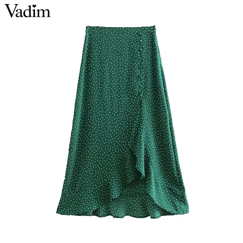 

Vadim women elegant polka dot midi skirts split design buttons decorate irregular female chic sweet mid calf Skirt BA534