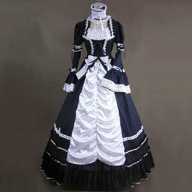 Halloween Gothic Victorian Long Dress Costume Black and White Lace Bow Stage Period Ball Gowns For Party Customized | Женская одежда