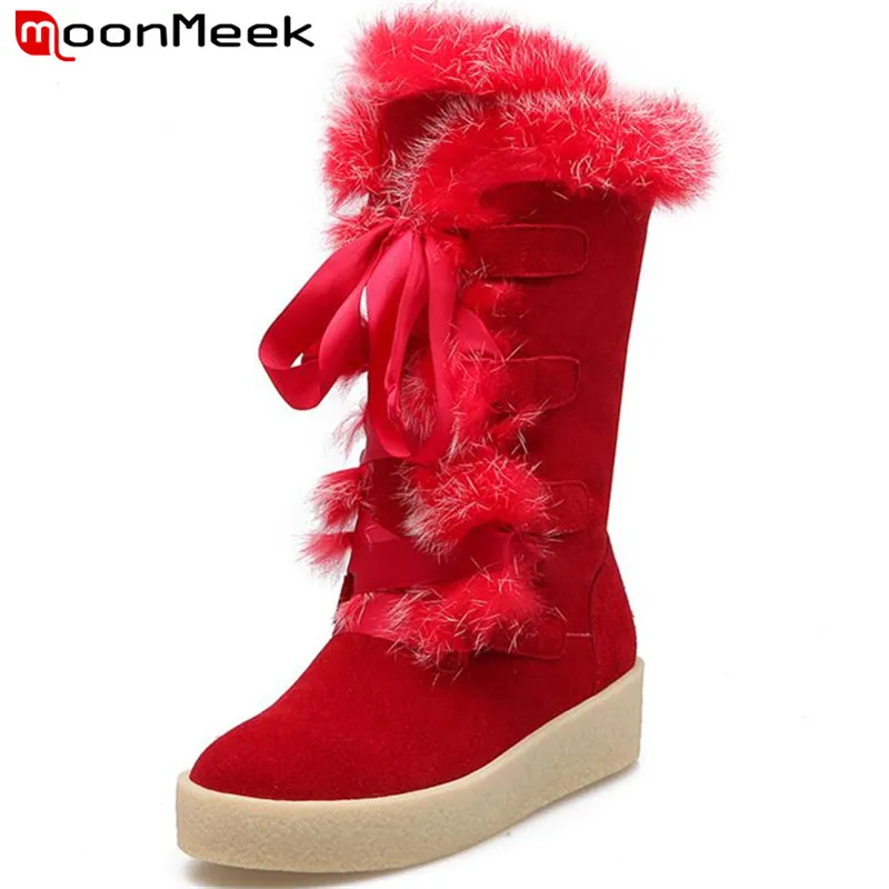 

MoonMeek Cow split front lace-up women boots in winter solid mid calf boots keep warm shoes snow boots flat shoes fashion