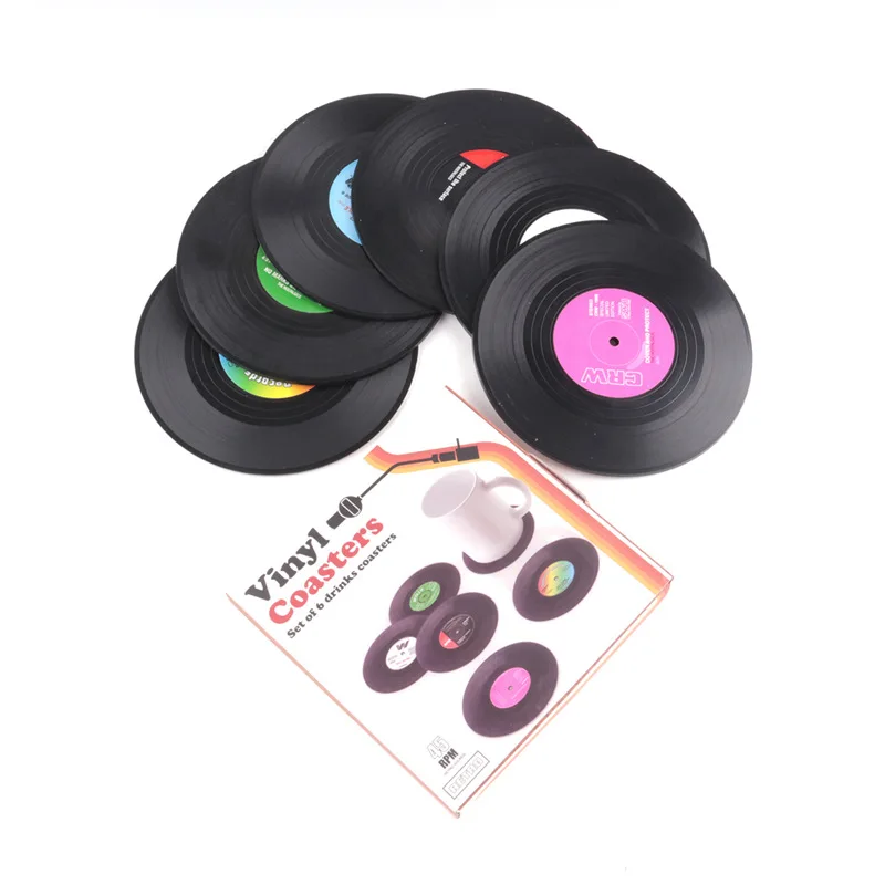 

6pcs/set plastic non-slip round table glass cup mat pad tableware pads vinly cd record drink drinks coasters mats cups placemat