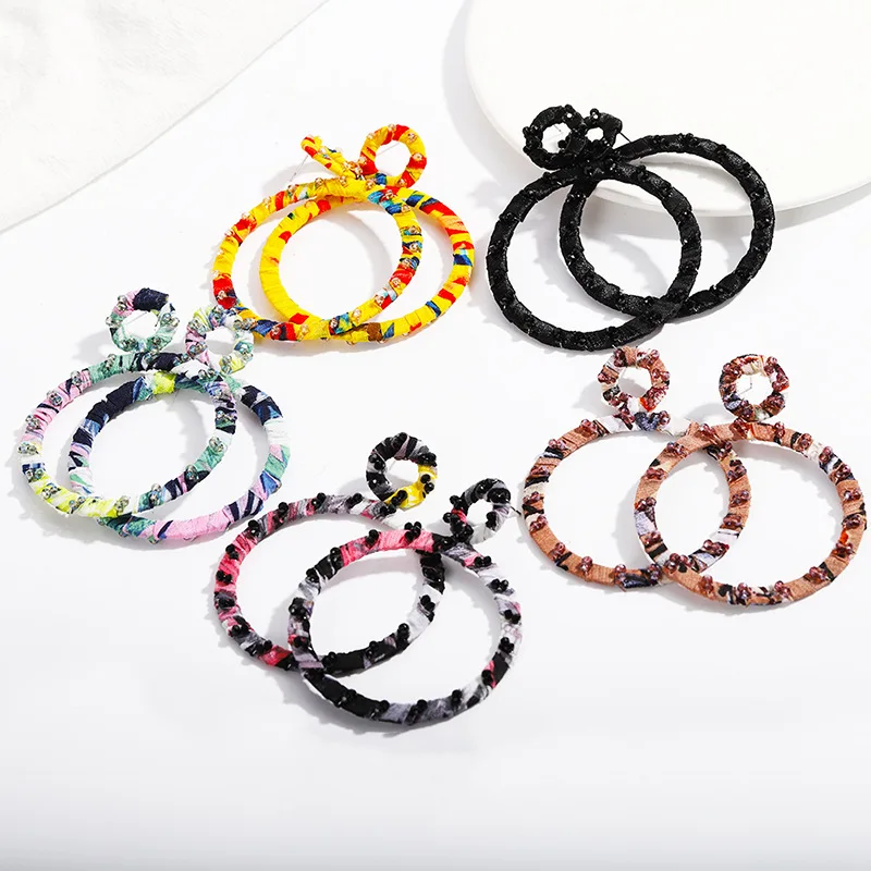 

MESTILO Handmade Women Geometric Earrings Colorful Cotton Round Circle Dangle Earrings For Women Ladies Ethnic Simple Jewelry