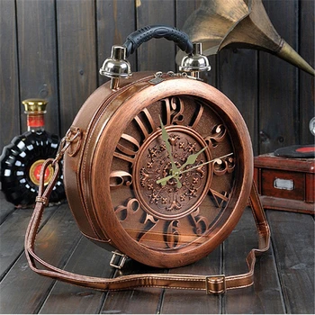 

2019 new real alarm clock ladies handbags leather+wood luxury fashion handbags women shoulder bags for wedding quality brand