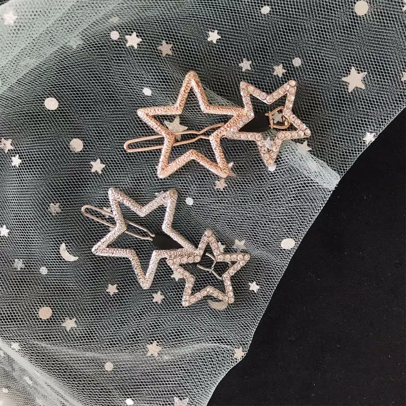 Creative Women Metal Alloy Hair Clips Hollow Out Five-Pointed Stars Sweet Girls Hairgrips Glitter Rhinestone Electroplating Text Creative Women Metal Alloy Hair Clips Hollow Out Five-Pointed Stars Sweet Girls Hairgrips Glitter Rhinestone Electroplating Text
