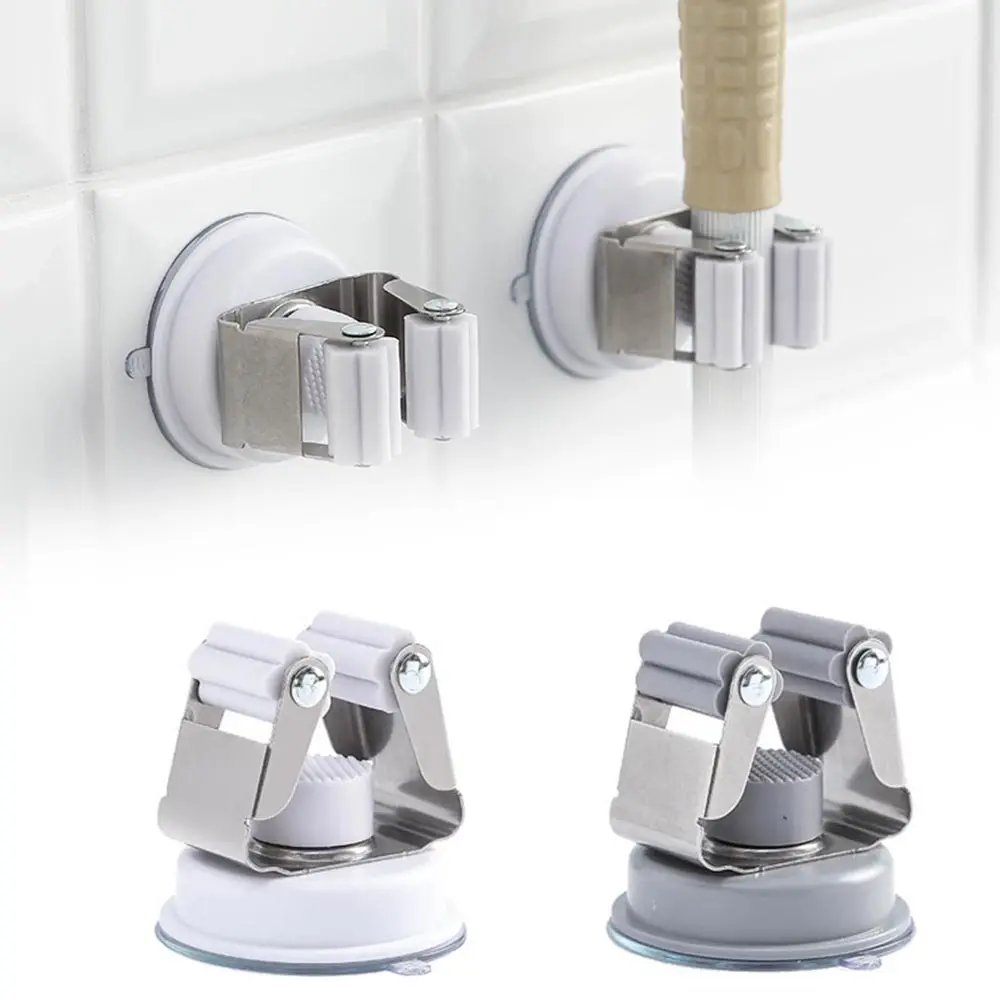 Wall Mount Metal Storage Sticky Mop Rack Clip Hooks Clamp Organizer Single White Stainless Steel Mop And Broom Holder