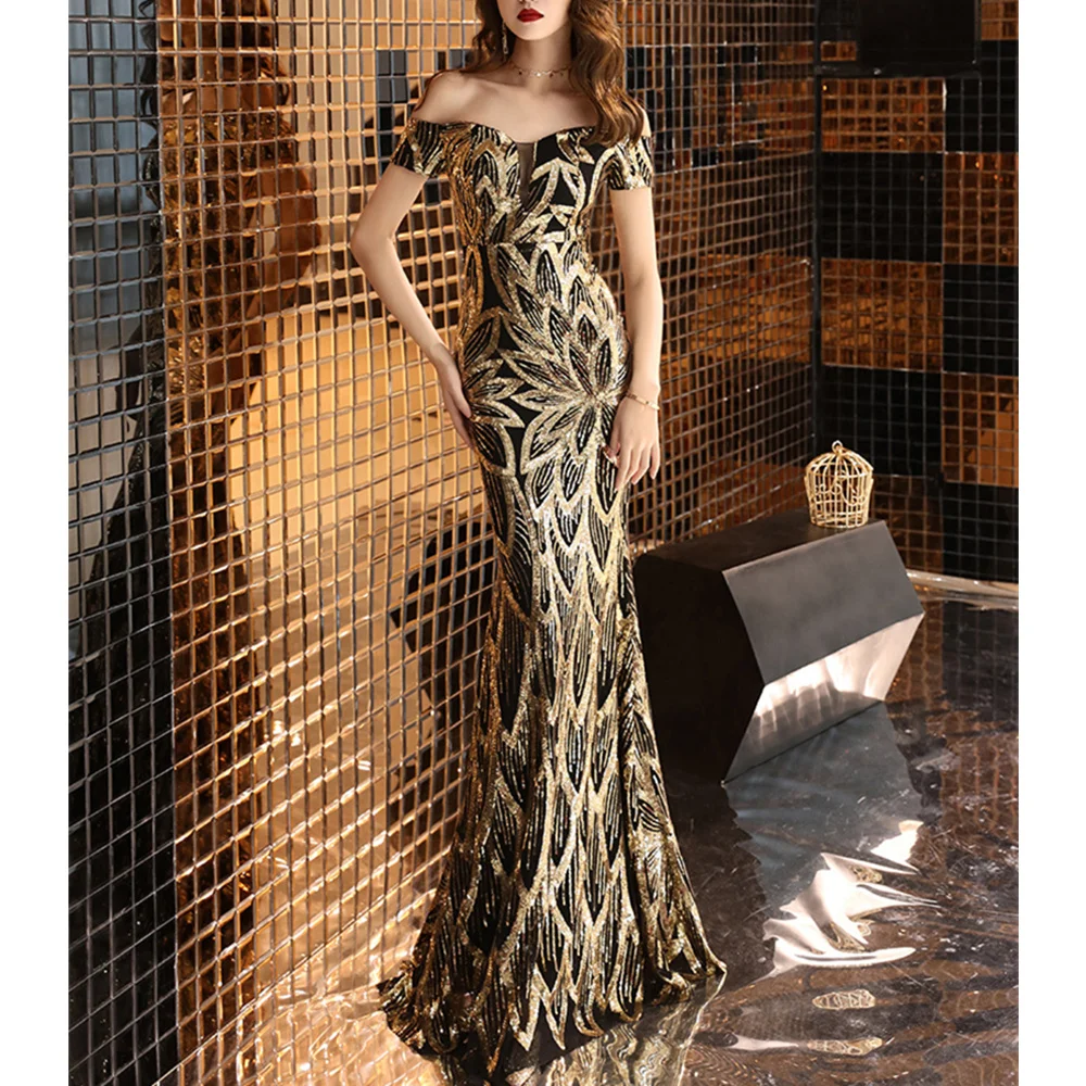 

2019 Seuqin Evening Party Dress Elegant Long Summer Maxi Dress Women Sexy Robe Slash Neck Wedding Sexy party Dress Robe Longue