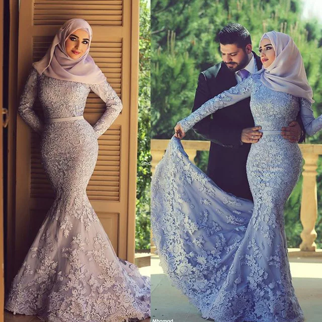 Muslim font b Hijab b font Evening Dresses Long Sleeve Lace Mermaid Elegant Purple Evening Gown