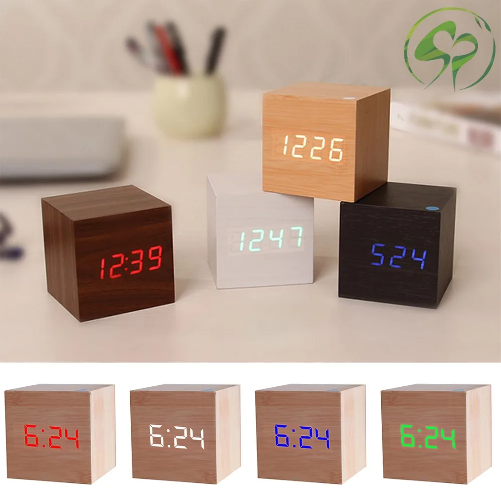 Square Wooden Digital LED Alarm Clock USB/Battery Powered Thermometer with Sound Control Home Decor | Дом и сад
