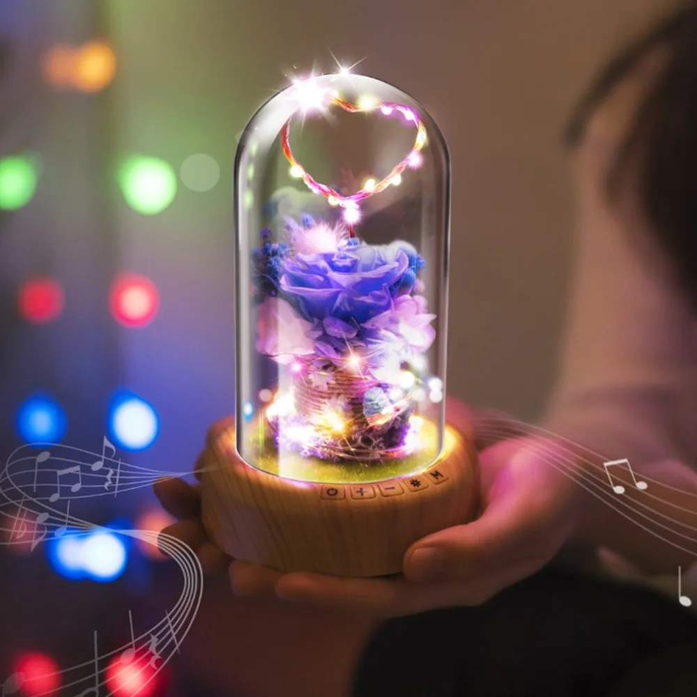 

Rose Streamer Bottle Wireless Bluetooth Speaker Rechargeable LED Night Light With Flower in Glass Home Decoration Table Lamp