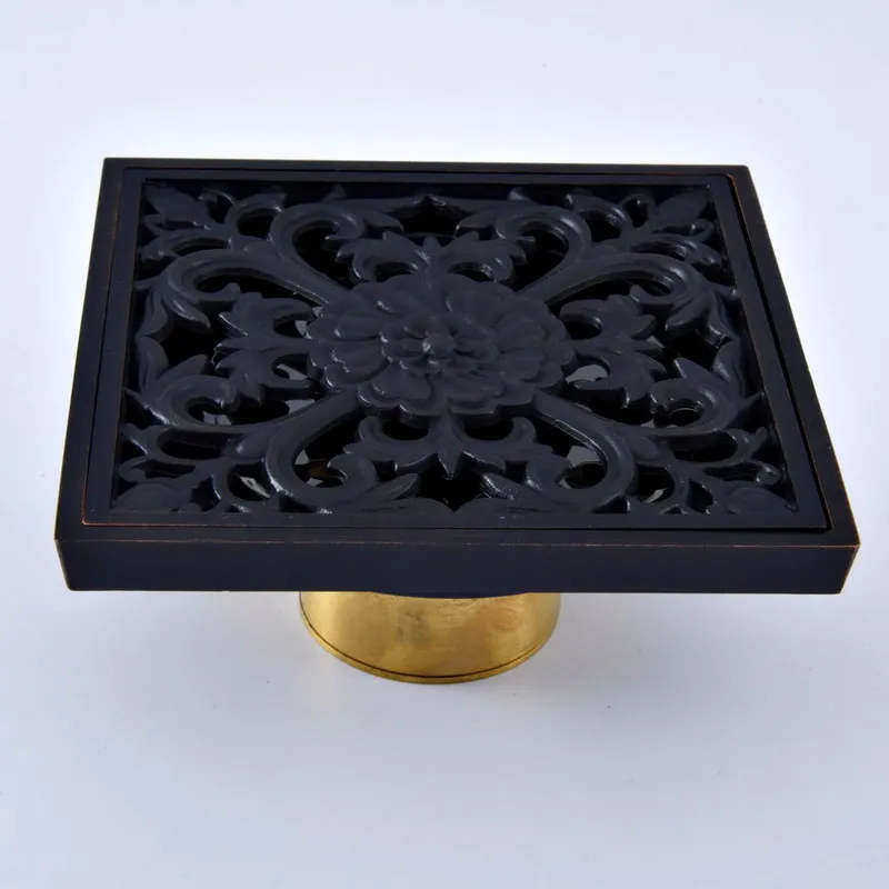 

Black Oil Rubbed Bronze Carved Flower Pattern Bathroom Shower Drain 4" Square Floor Drain Waste Grates ahr064