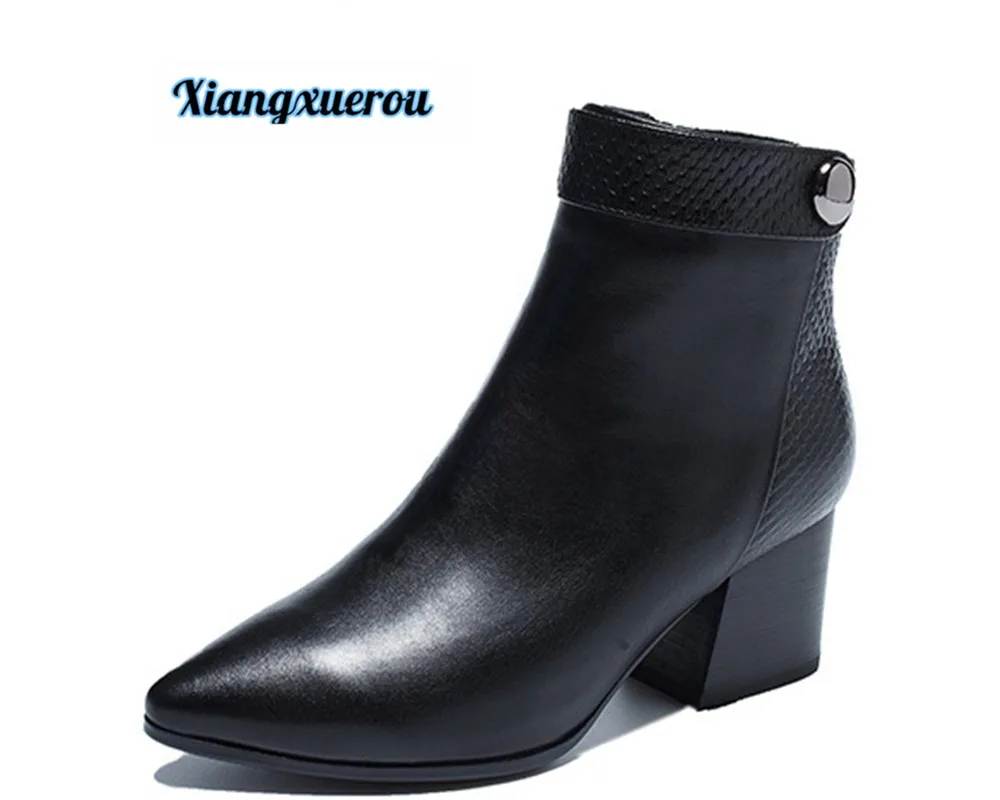 

Xiangxuerou New autumn/winter 2018 top thick high heel single layer cow leather bootS