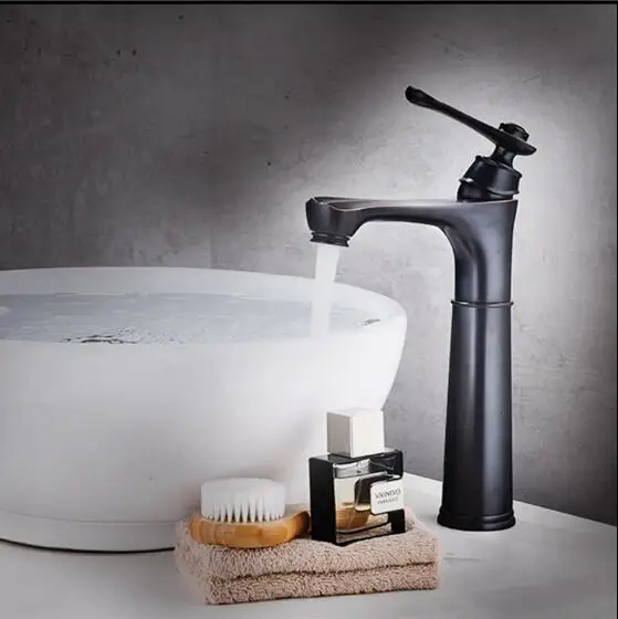 

Tall Basin Faucets Black Brass Bathroom Basin Faucet Square Spout Single Handle Deck Vanity Sink Mixer Water Taps