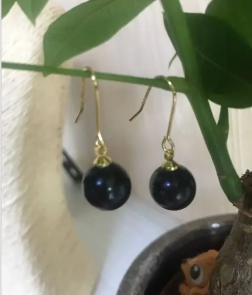 

98charming pair 10-11mm tahitian black pearl dangle earring 14k