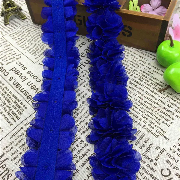 1Yard 12 colors Flower 3D Chiffon Lace Trim Ribbon Fabric for Applique Sewing Wedding Dress Decoration Accessories Supplies 5cm - Цвет: deep blue