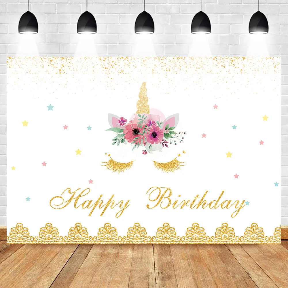 

Neoback Unicorn Backdrop for Photography Happy Birthday Party Banner Background Gold Sequins Flower Star Backdrops for Booth