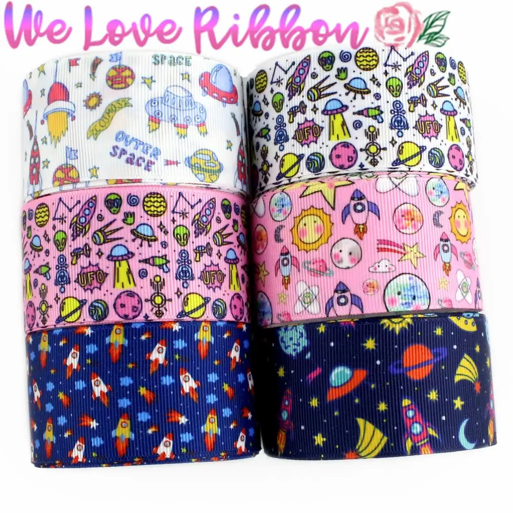 

16mm-75mm Outer Space Series UFO Cute Sun Star Emoji Pattern Printed Grosgrain/Foe Ribbon DIY Gift Bowknot Hair Bow 50yards/roll