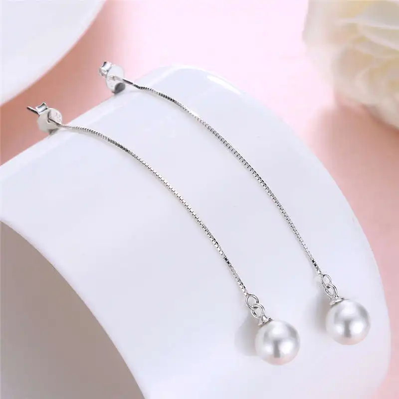 Trendy Long Chain Pendant Pearl Earrings Real Solid 925 sterling Silver