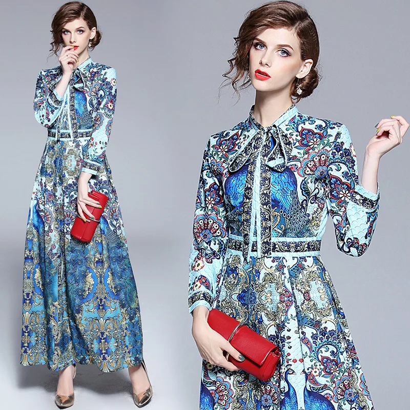 

Spring Printing Dress Retro O-Neck Long Sleeve High Waist Ankle-Length Pleated Big Pendulum Elegant Office Lady Style 2019