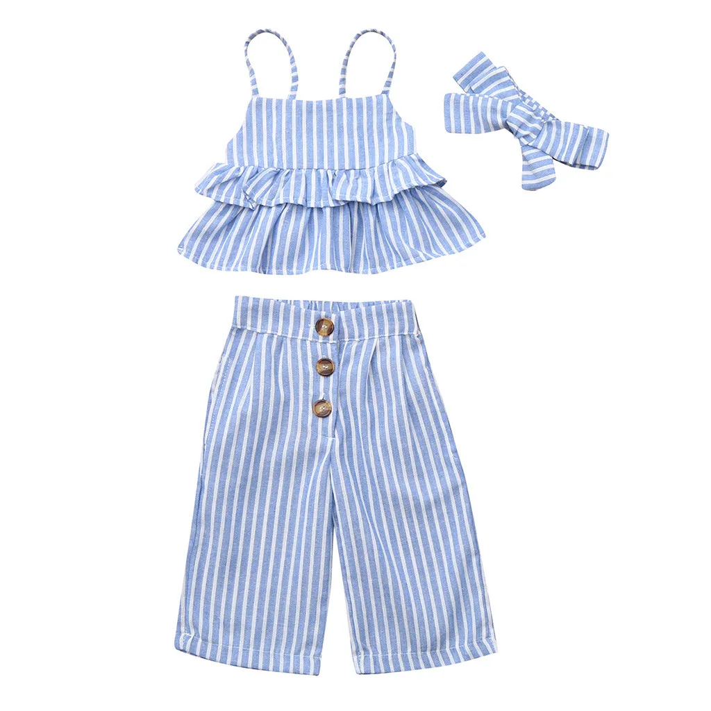 

0-4T Babies Girl Summer Clothing Set Toddler Kids Baby Girls Striped Ruffle Tops T Shirt+Pants+Headband Outfits Sets fashion