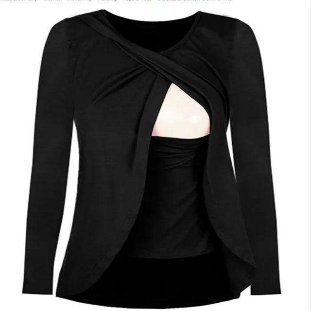 MODENGYUNMA Maternity Dress New Long Sleeve Round Neck Breast-feeding Maternity Clothes Leisure Solid Colormaternity Tops