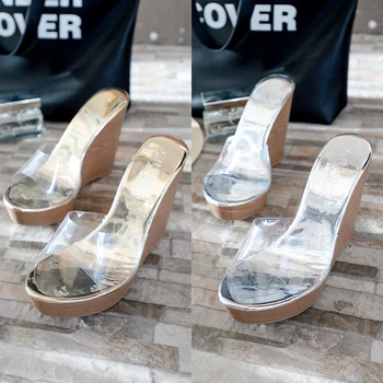 

New transparent high heel sandals summer fashion wild waterproof platform bottom wedge flat slippers.