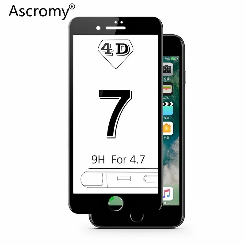 Ascromy For iPhone 7 Screen Protector 4d Curved Full Cover Tempered Glass ScreenProtector Film 3D For iPhone 8 Plus 6 S 6S X 10 (1)