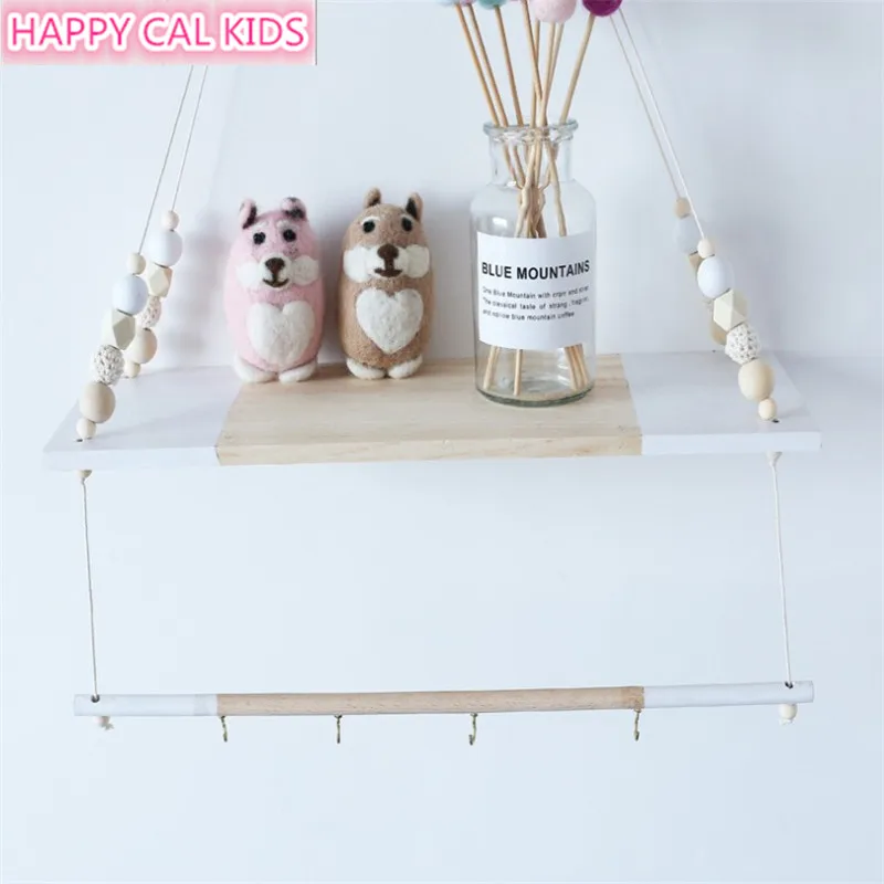 

Nordic style beads colorful wood shelves with hook Wall clapboard decoration Children room kids clothing store display stand