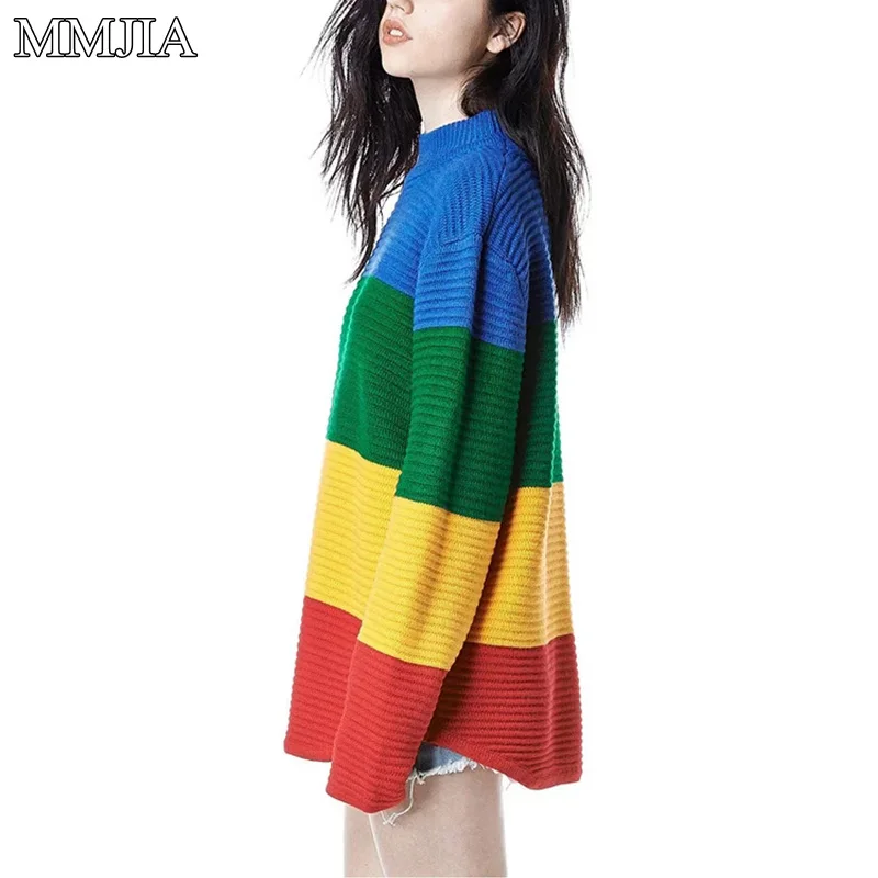 MuMuJia Oversize Casual Rainbow Sweater Women Knitted Pullovers 2018 Autumn Winter Harajuku Sweaters Mujer Jumpers Knitwear Tops