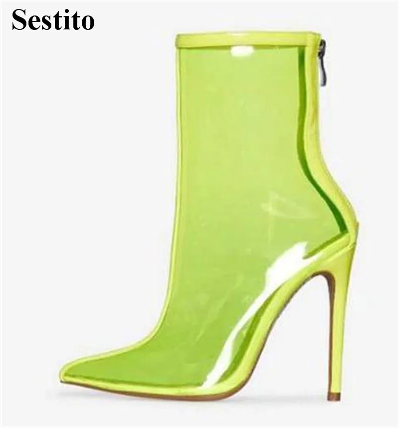 

2018 personality Transparent PVC Solid Pointed Toe Ankle Boots Thin Heels Zip Basic High Heel Women Shoes Spring/ Autumn Boots