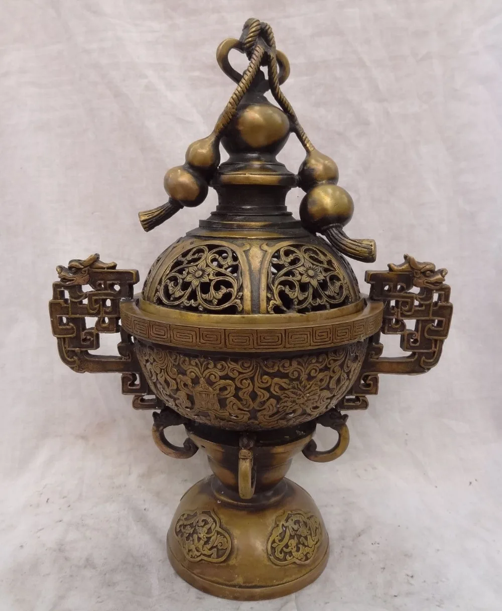 

12" Chinese Bronze Dragon Statue Auspicious FengShui Gourd Incense Burner Censer