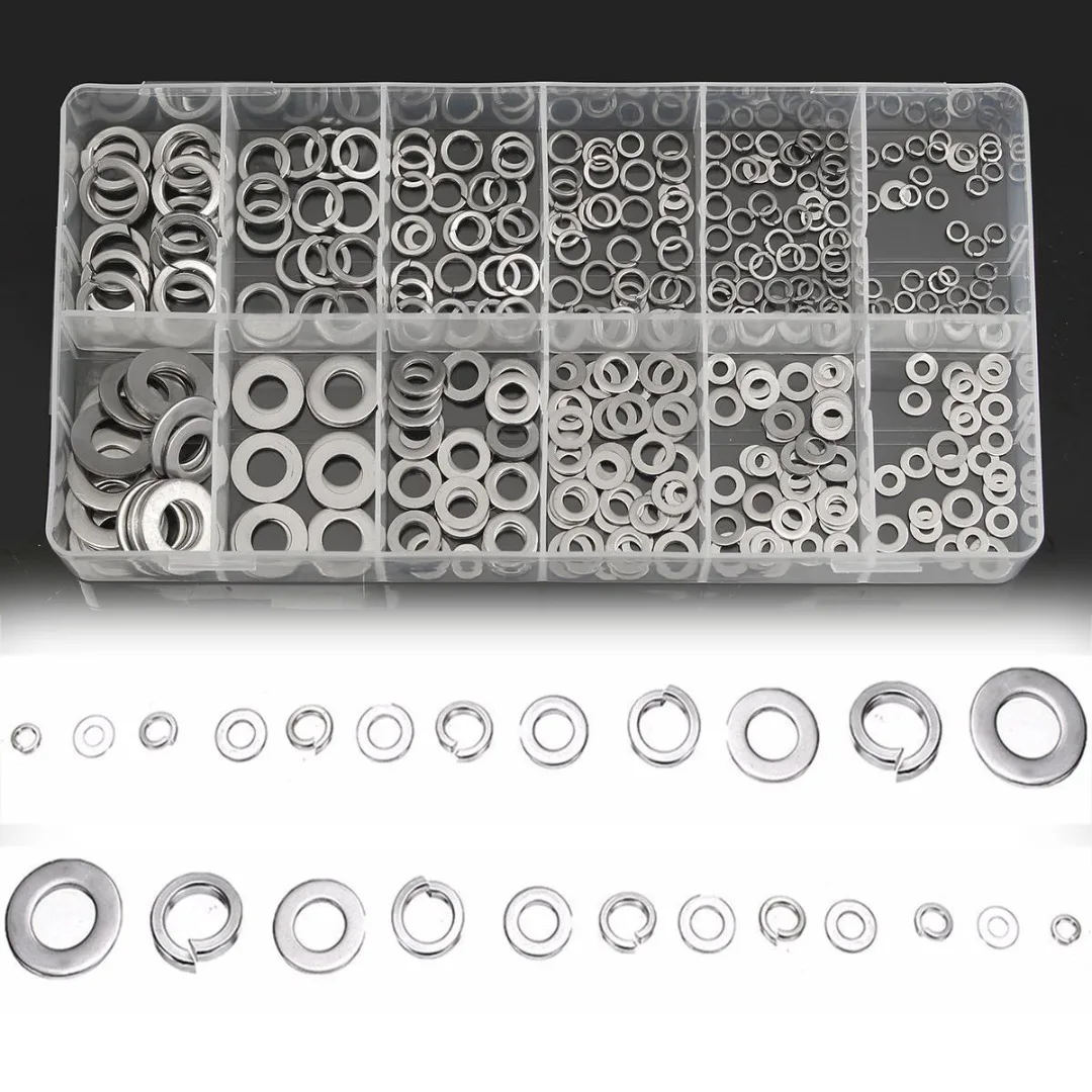 

350pcs/lot Stainless Steel Flat Washers 12 Sizes Assortment Spring Lock Washers Kit + Box For Hardware Accessories