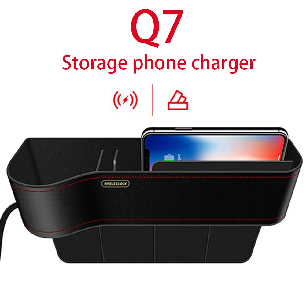 Q7 QI Car Wireless Charger Storage Box Seat Slit Gap Crevice Storage Charging Station Box for iPhone 8/X Samsung Galaxy S9/S9