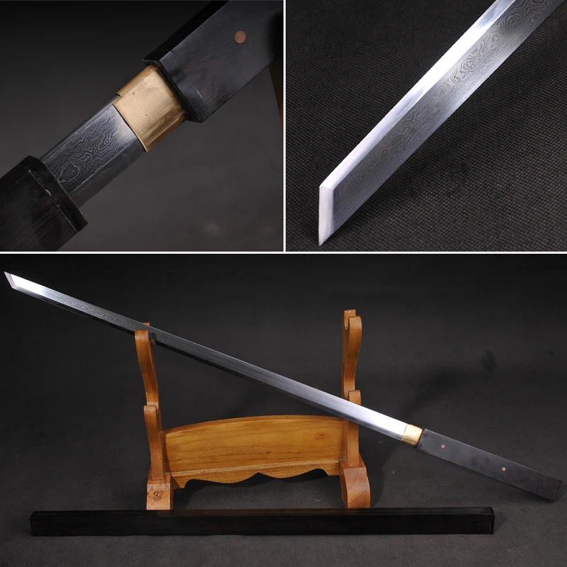 

Tang Dynasty Straight Blade Chinese Sword Hand-made Damascus Folded Steel+clay tempered Ebony Hard wood Japanese Samurai Sword