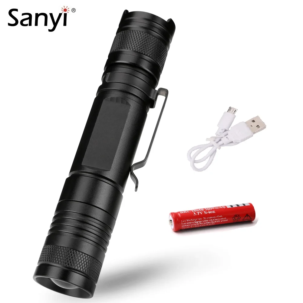 

Sanyi XML T6 Tactical Flashlight Waterproof 5 Modes LED Torch USB Charging 18650 Clip Pocket Light Portable Lantern For Fishing
