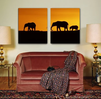 

2 pieces painting wall poster elephants in sunset glow on oil canvas for living room decor and wallpaper