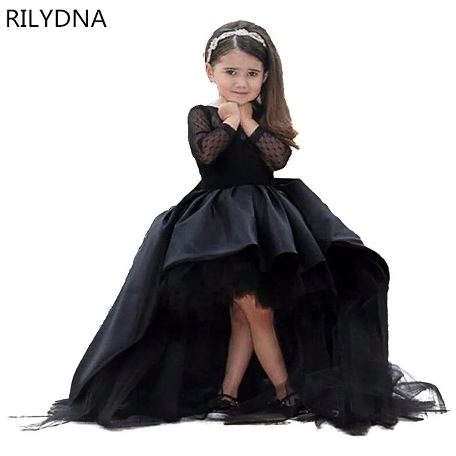 

Black Flower Girl Dresses High Low Scoop Long Sleeves Floor Length Satin Tulle Ball Gown Kids Wedding Party Dresses