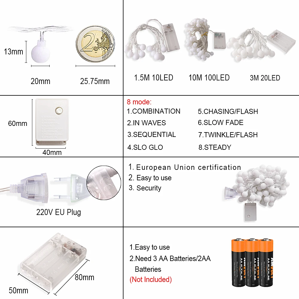 1.5M Street Garland Battery Led Fairy Christmas Tree Lights Outdoor/Indoor Decoration Led String Lights Ball New Year/Xmas Light