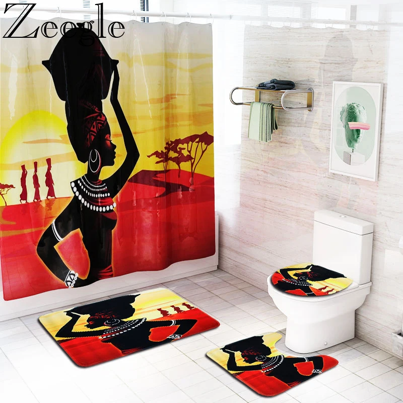 Zeegle занавеска для душа и коврик для ванной комплект Африканская женщина узор туалетный пьедестал ковер Водонепроницаемый Ванная занавеска ванная комната ковры