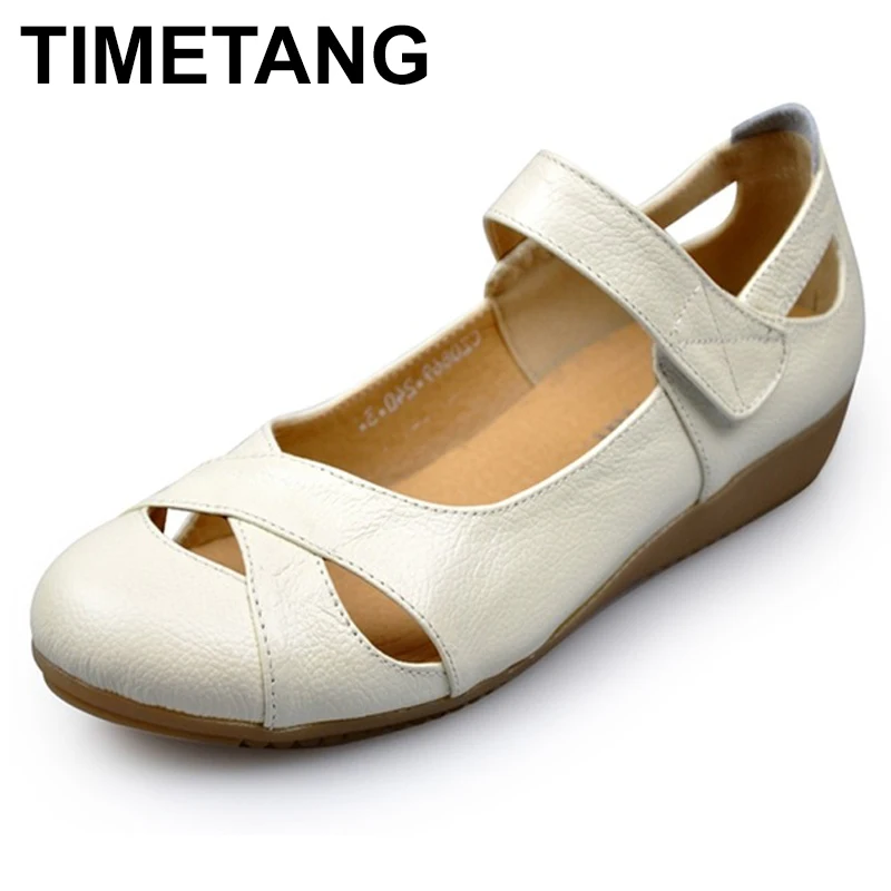 Timetang Summer Cutout Women's Shoes Genuine Leather Flat Sandals Fashion Female Sandals Soft