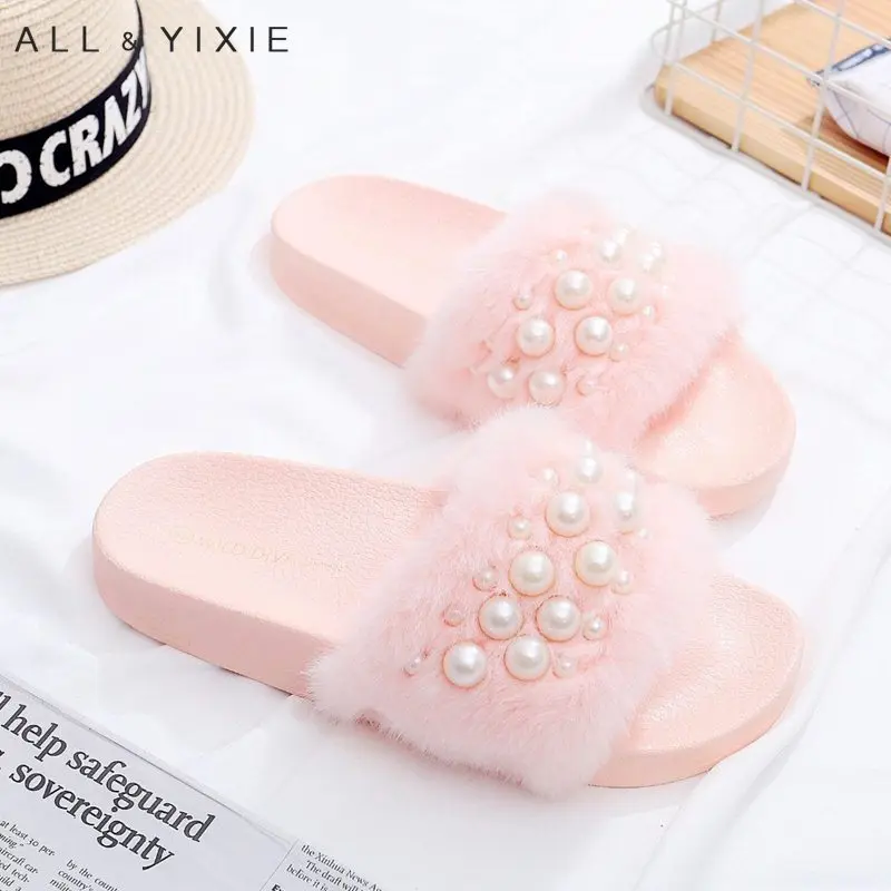 

ALL YIXIE Brand 2019 New Women Fur Furry Slide Sweet Pearl Thick Bottom Female Flip Flops Women Home Slippers Indoor Soft Bottom