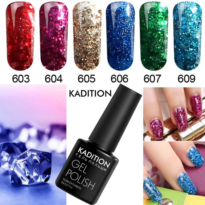 

KADITION 8ml Gel Lacquer Diamond Nail Art Polish UV LED Builder Gel Tops Soak Off 20 Colour Glitter Set For Nail Gel Varnish